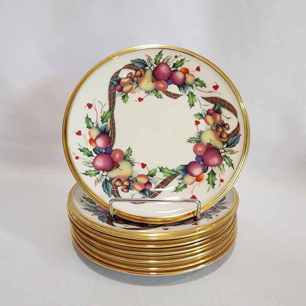 Lenox Holiday Tartan Dessert Plates 6.5 Inch Set 7 Gold Rim Christmas Fine China